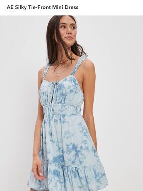 American Eagle Outfitters Blue Tie-Dye Silky Tie-Front Mini Dress